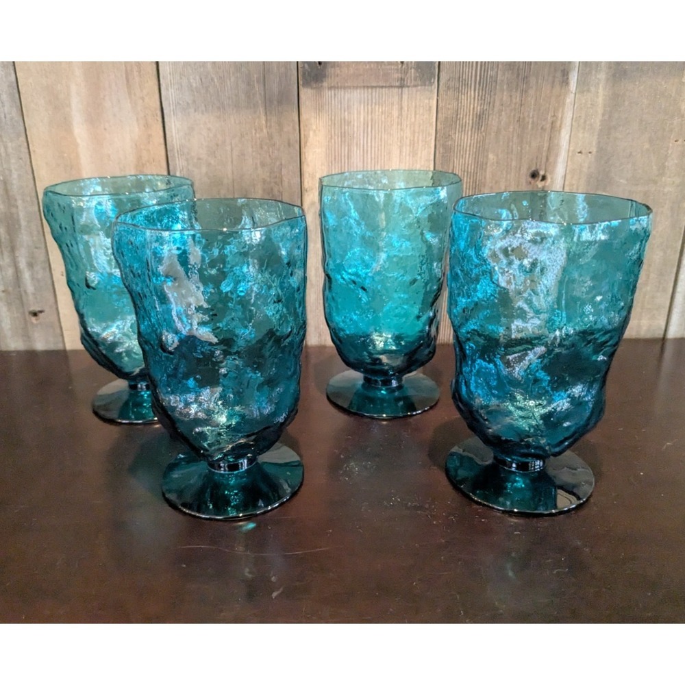 Set of 4 Morgantown Seneca Driftwood Peacock Blue Goblets Footed Crinkle Glass